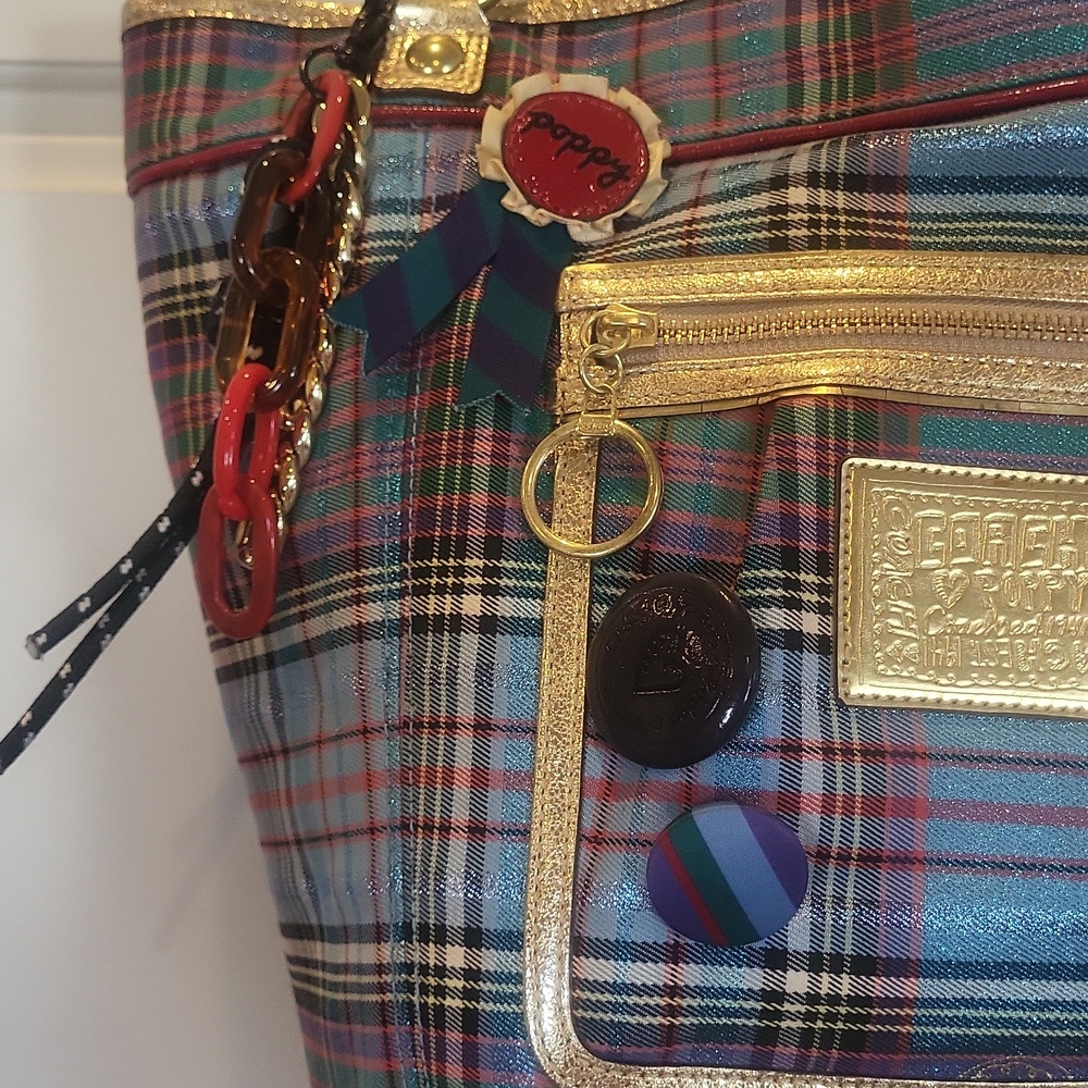 Coach Poppy Plaid Tote Bag with Gold, Blues, Greens and Reds. - Picture 2 of 14